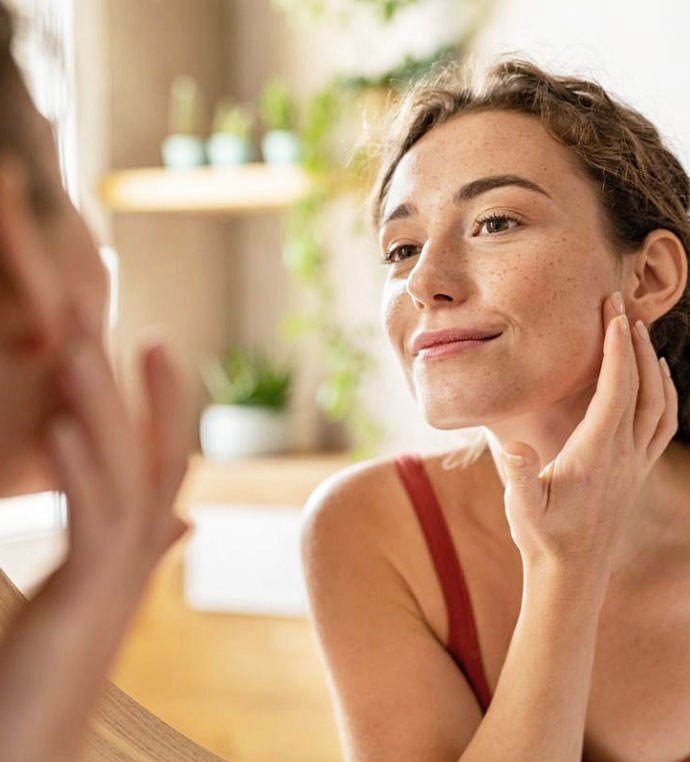 stock image of model seeing her face in mirror